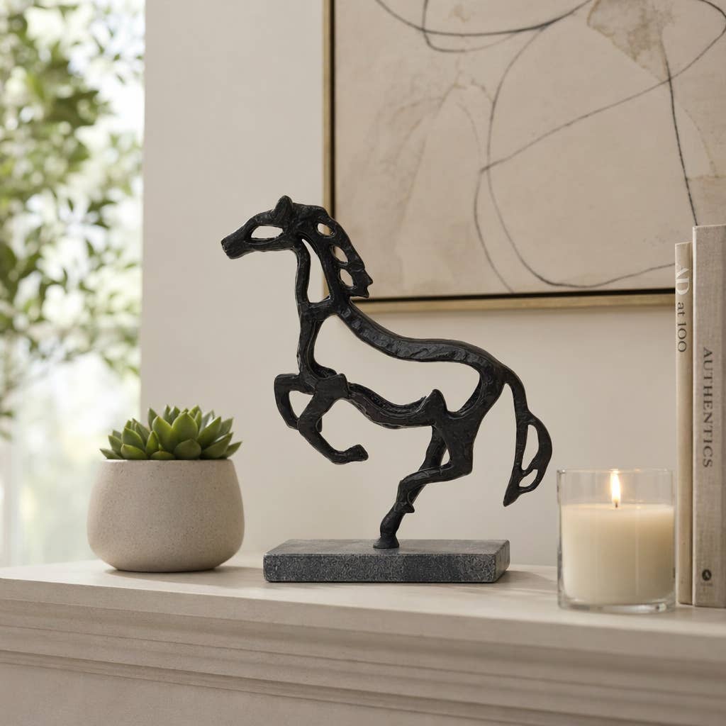 Black Galloping Horse Sculpture on Stone Base – 14"