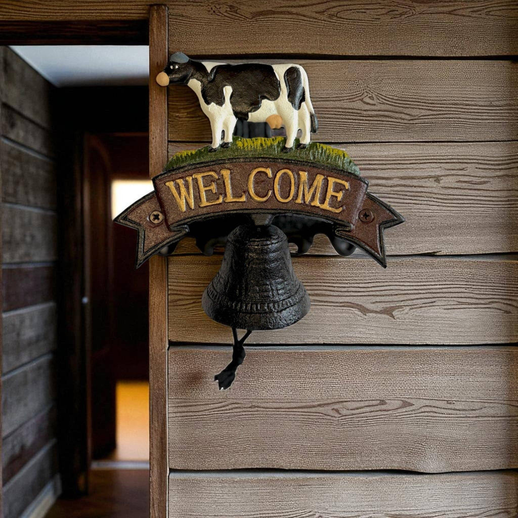 Cast Iron Cow Welcome Bell Sign – Farmhouse Door Bell & Rustic Wall Décor, 7.3"