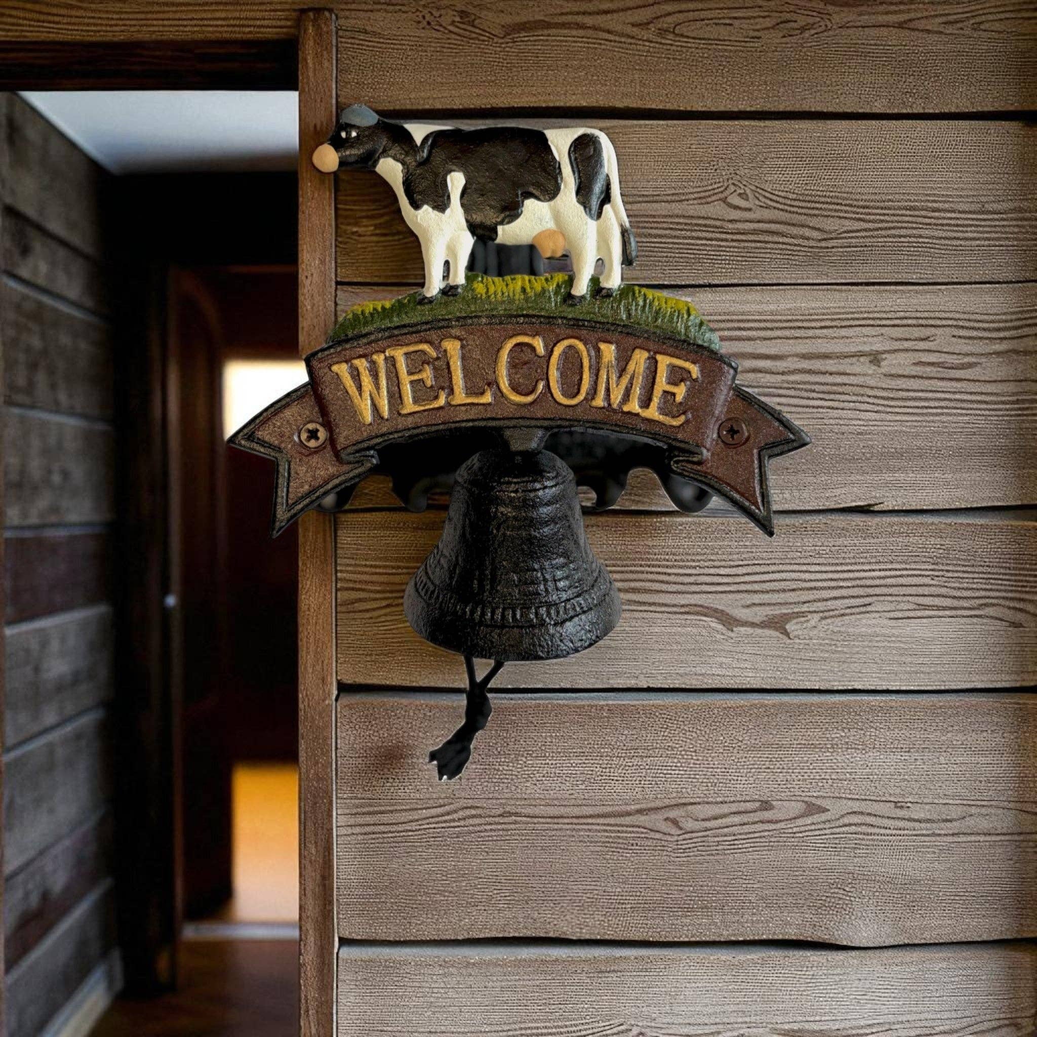 Cast Iron Cow Welcome Bell Sign – Farmhouse Door Bell & Rustic Wall Décor, 7.3"