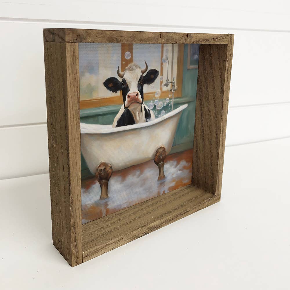 Cow in Bathtub Framed Canvas Wall Art – 6x6 Mini Farmhouse Animal Decor