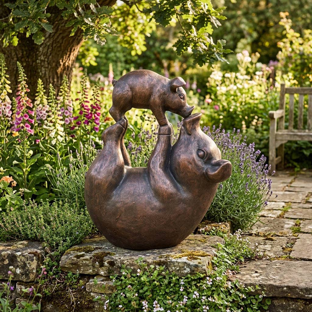 Bronze Mom & Baby Pig Garden Statue – 16"