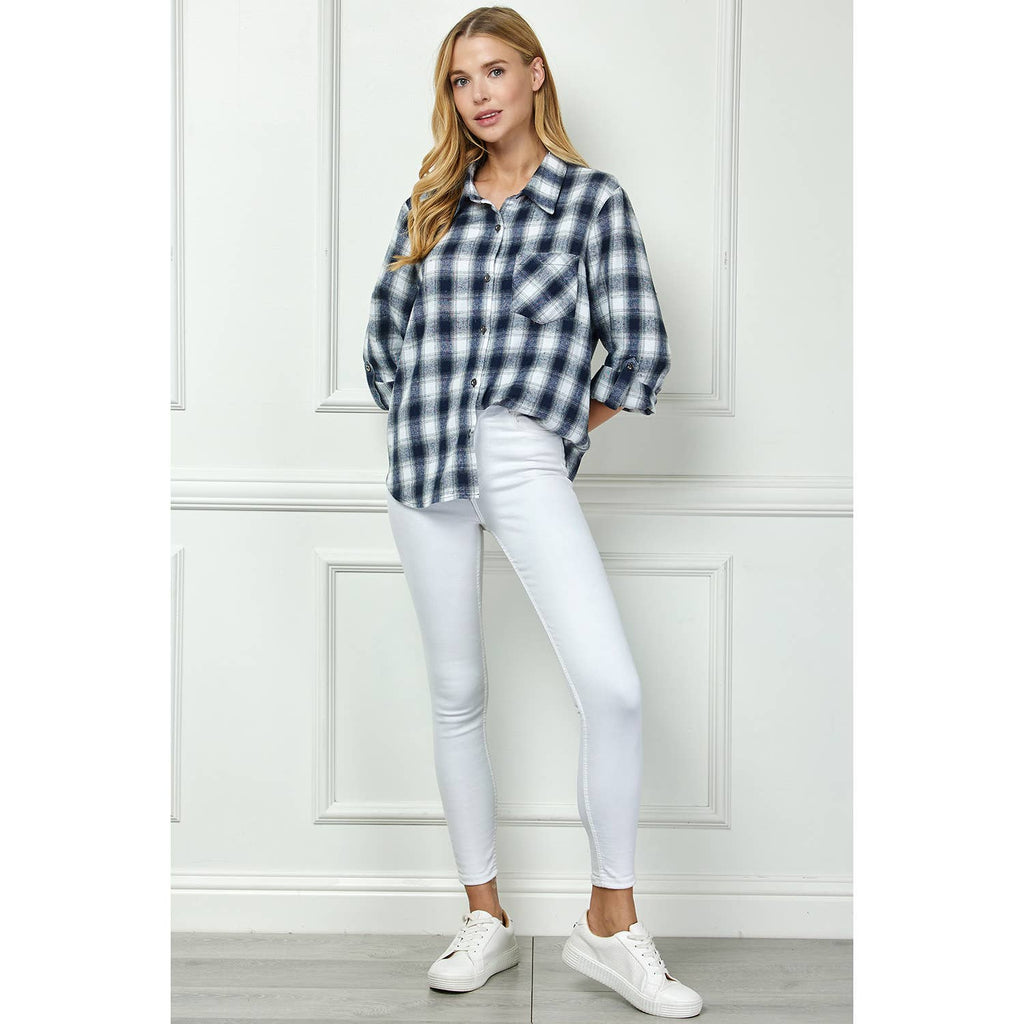 Navy Plaid Roll-Sleeve Flannel Shirt