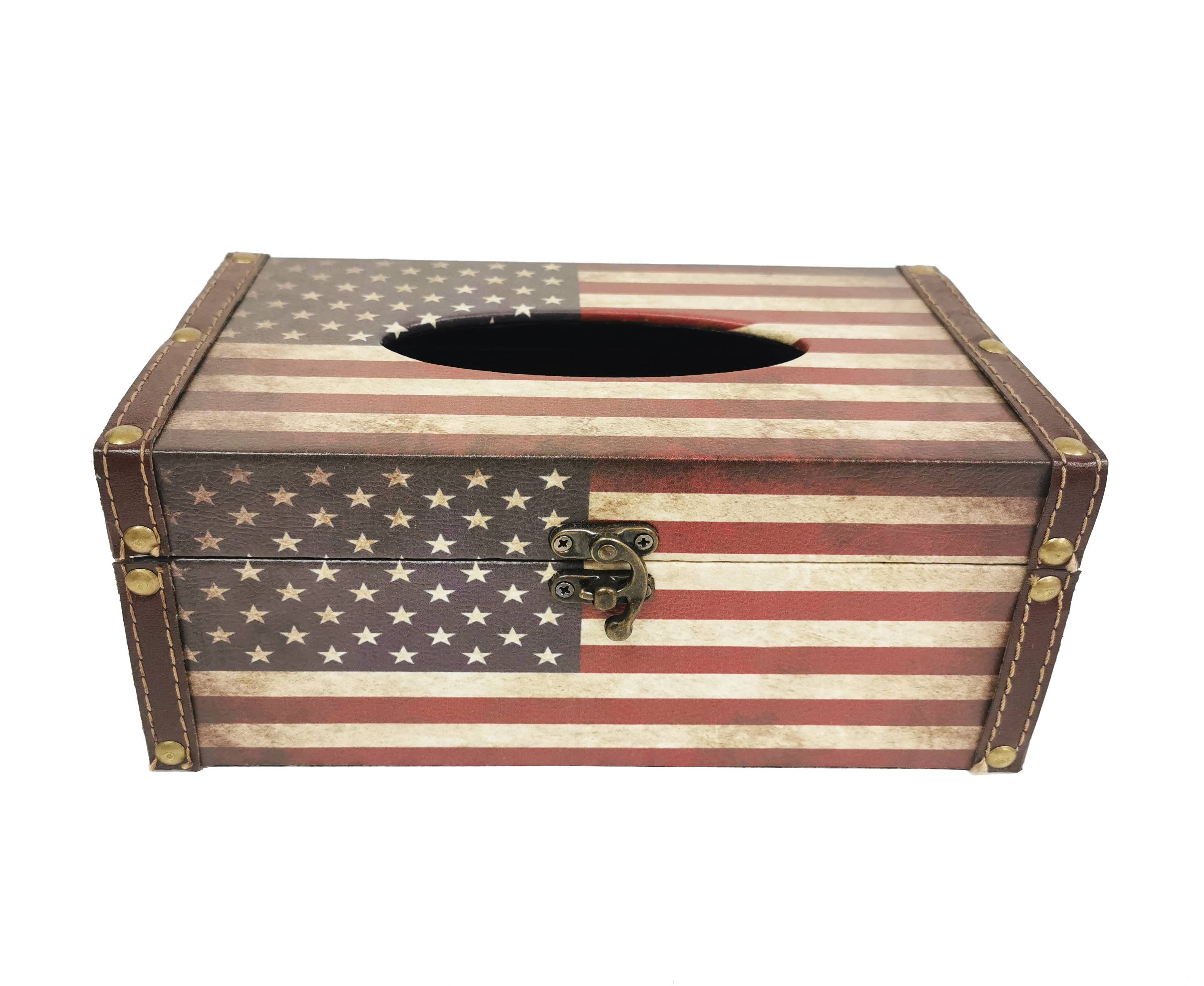 American Flag Wooden Tissue Box Cover – Rustic Patriotic Decorative Tissue Holder
