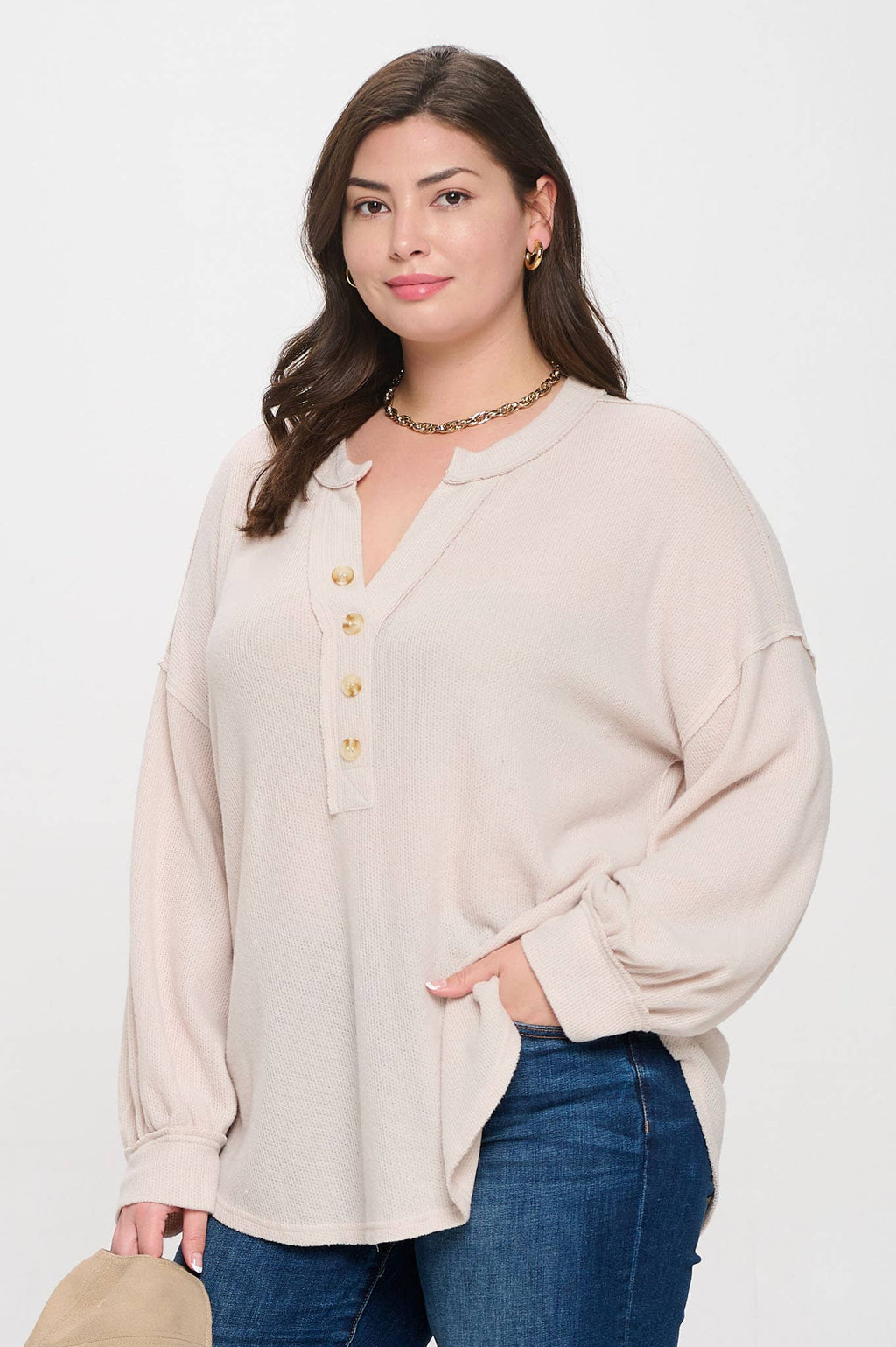 Plus Size Oatmeal Relaxed Henley Top