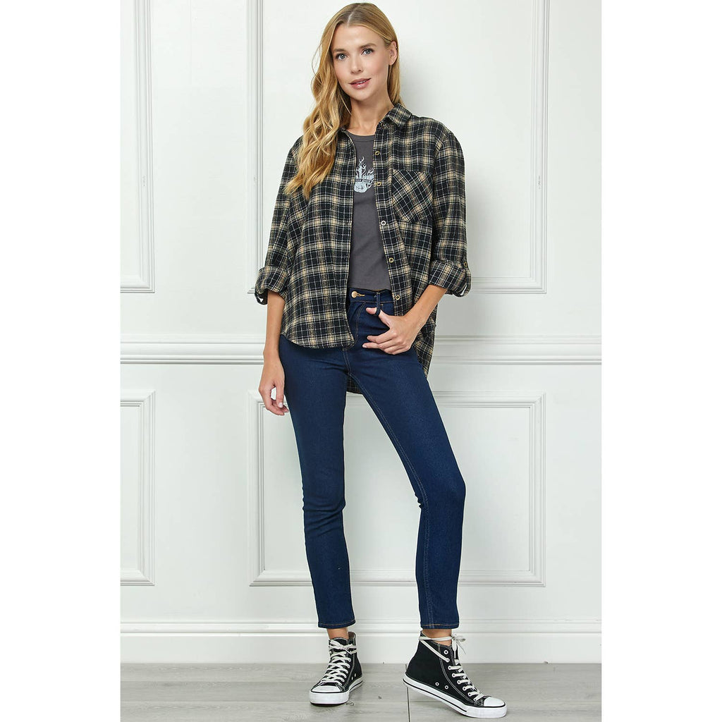 Black & Tan Plaid Roll-Sleeve Flannel Shirt