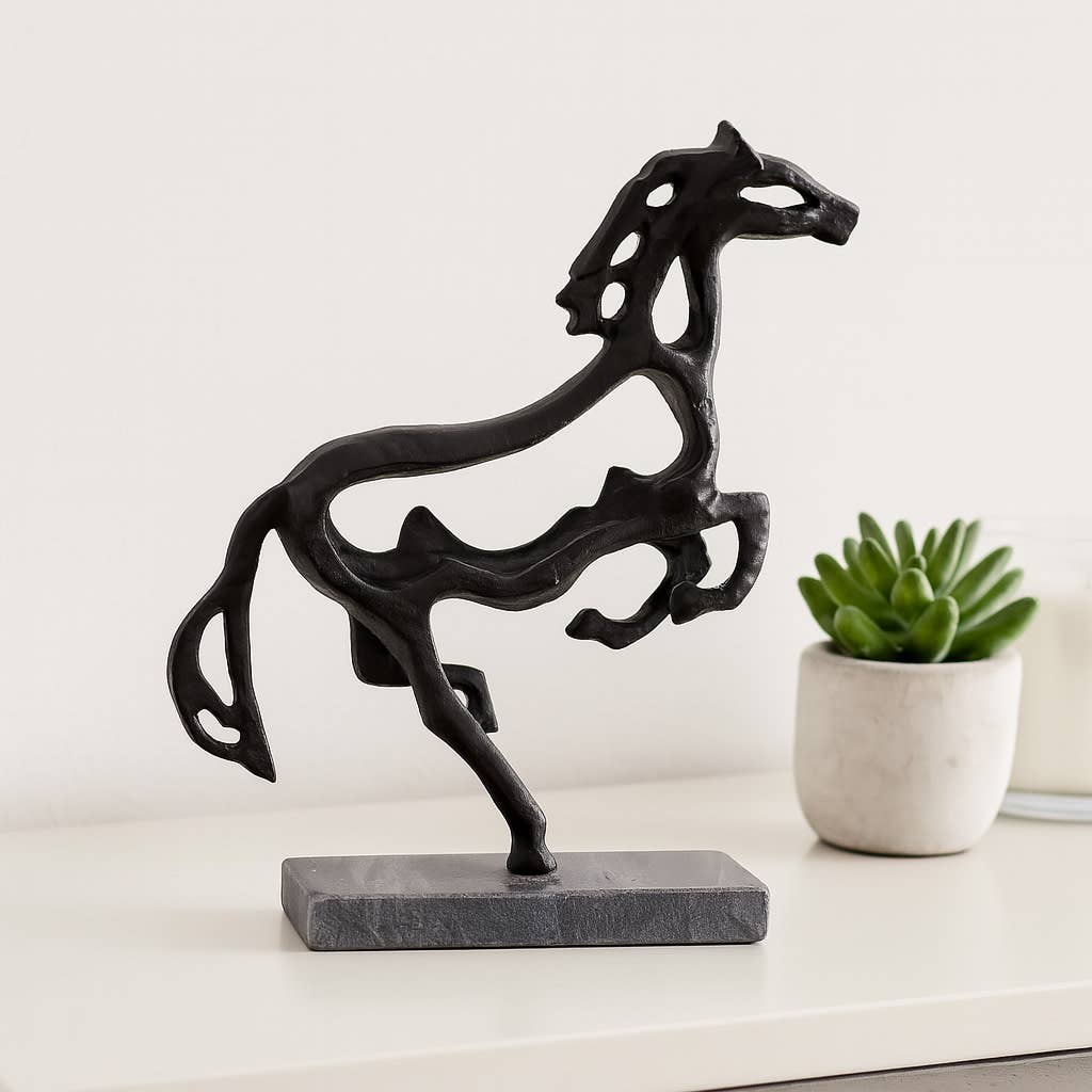 Black Galloping Horse Sculpture on Stone Base – 14"