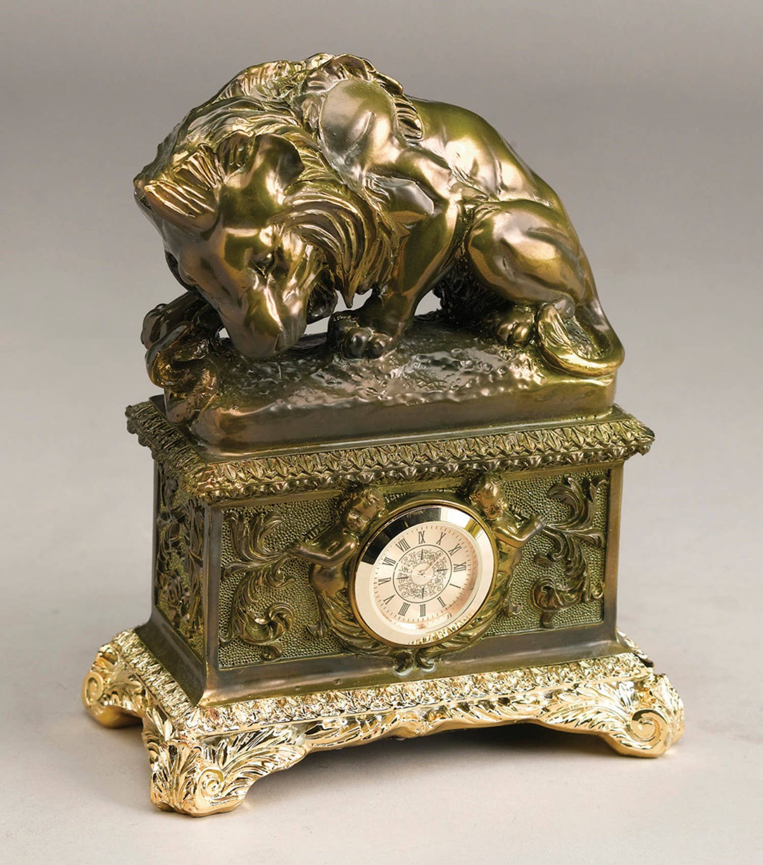 Lion and Cobra Tabletop Clock, Bronze Finish Decorative Accent