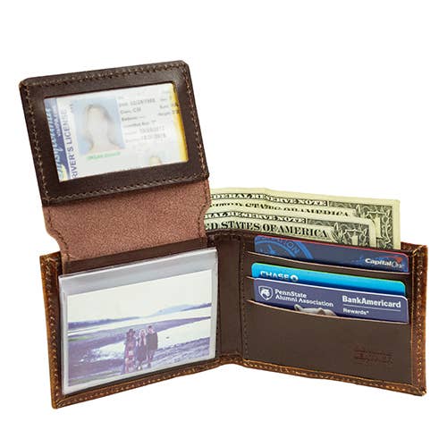 USA-Made Antiqued Leather Bifold Wallet with Running Deer