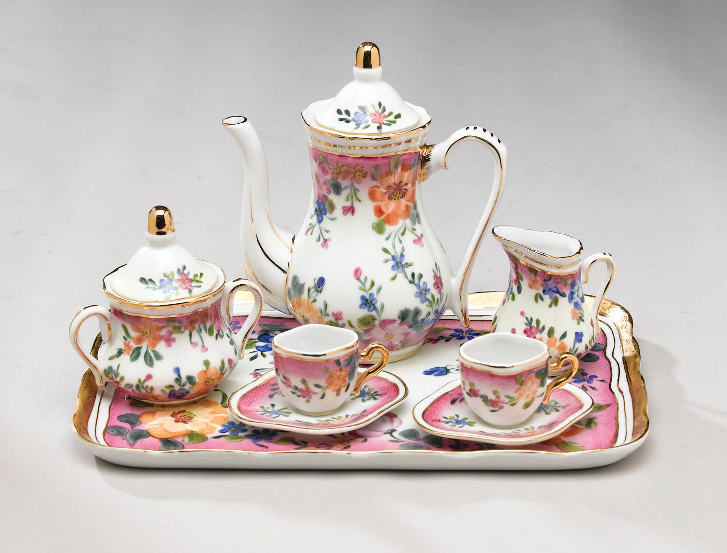 8-Piece Pink Floral Porcelain Tea Set with Gold Accents