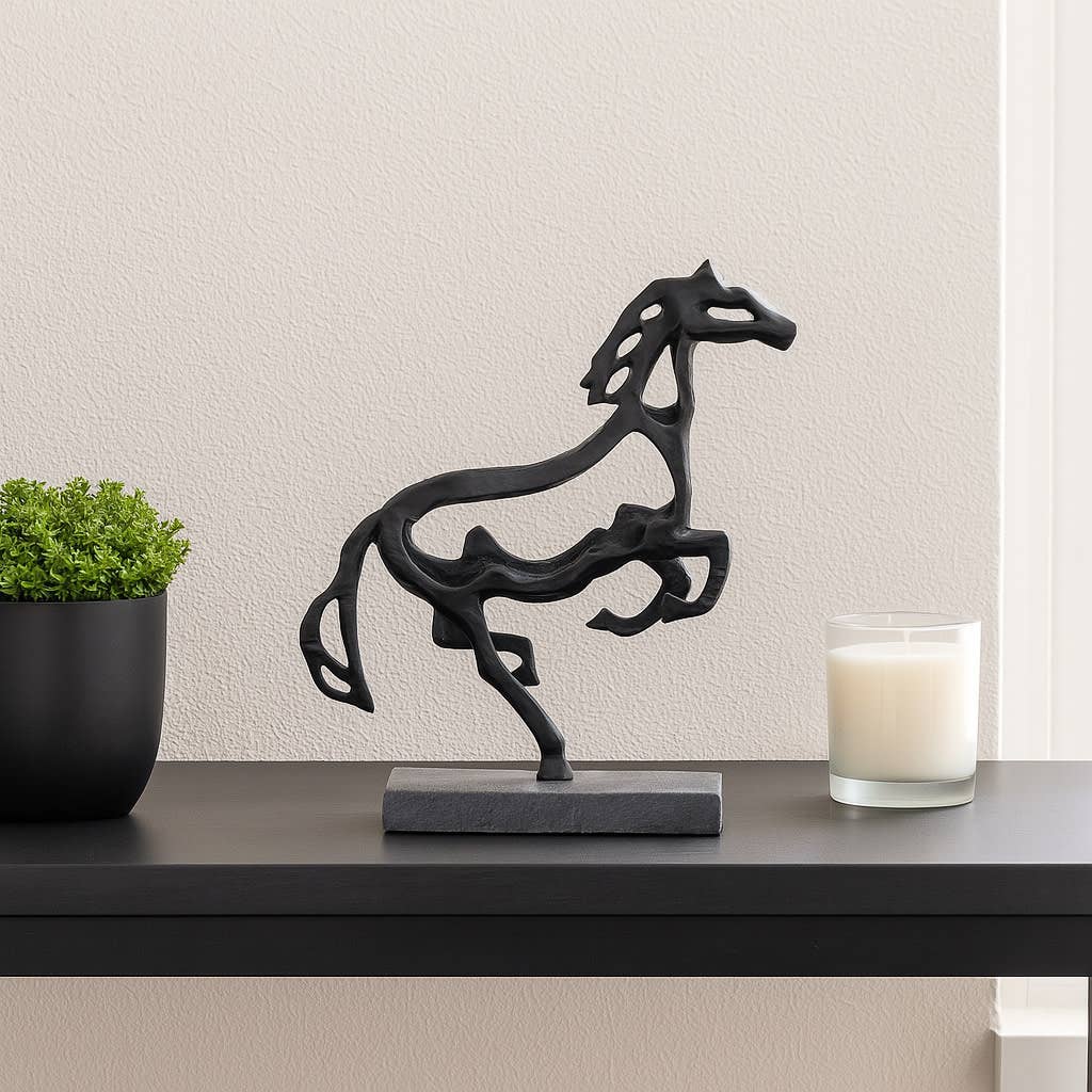 Black Galloping Horse Sculpture on Stone Base – 14"