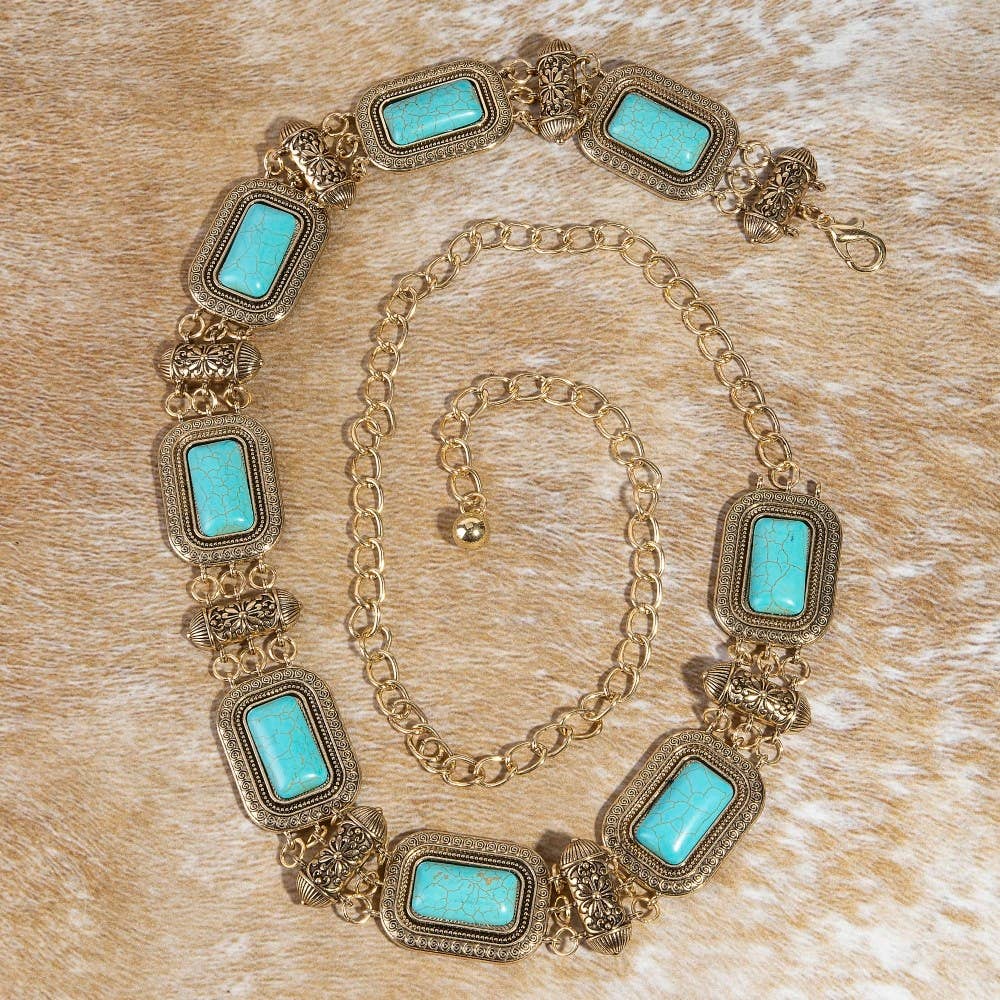 Rectangle Turquoise Stone Western Concho Chain Belt