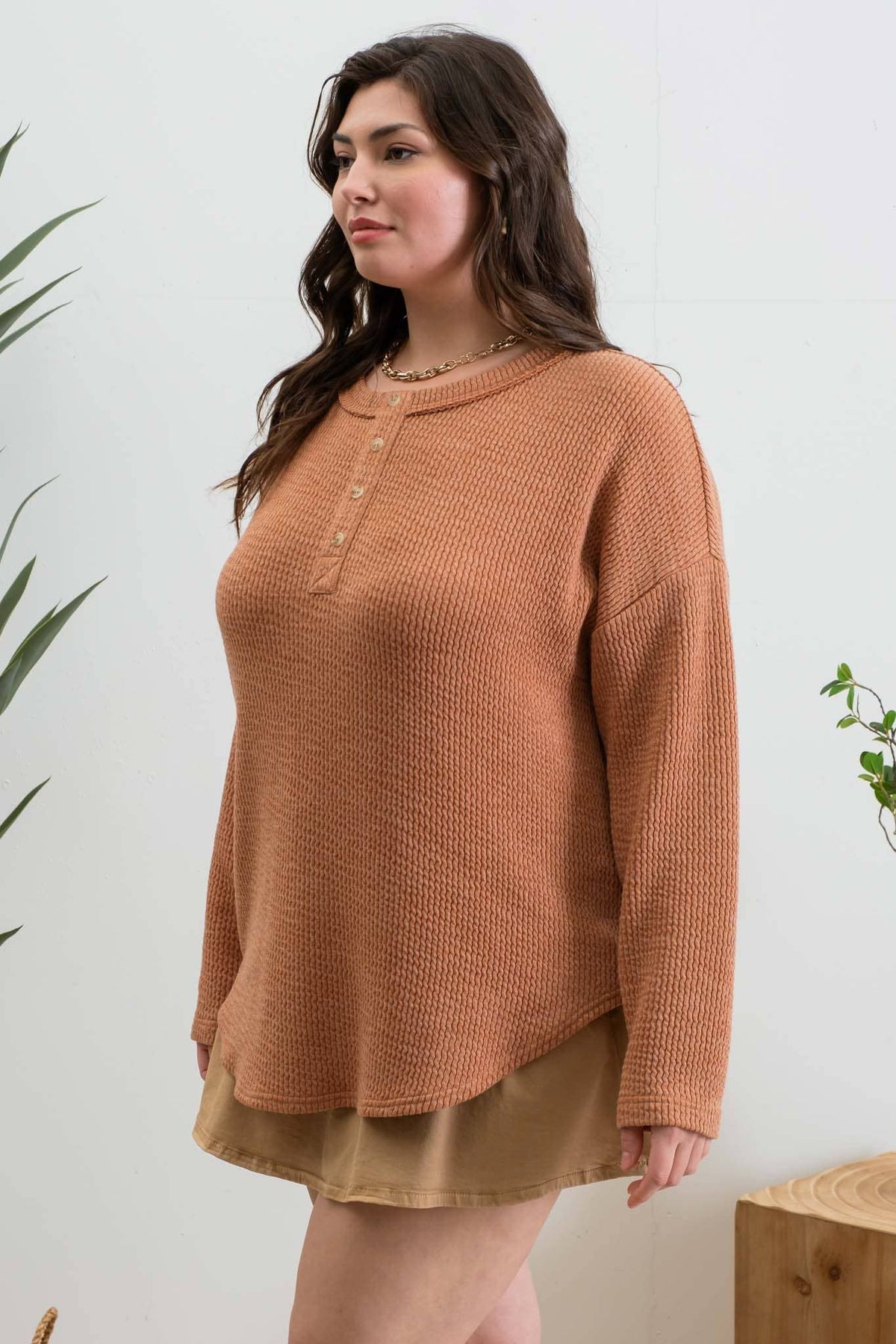 Plus Size Terracotta Waffle Knit Henley Top