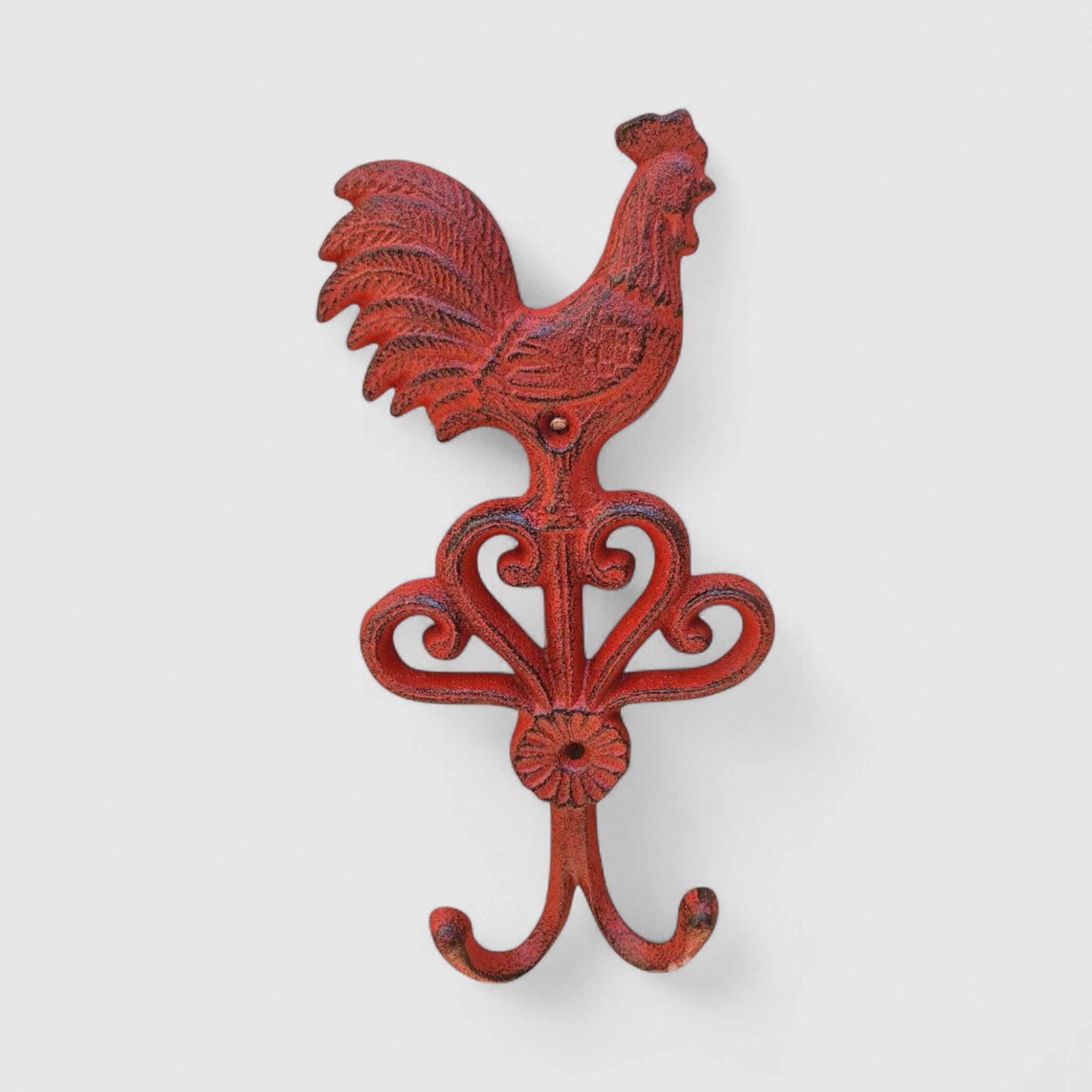 Cast Iron Rooster Wall Hook – Red Farmhouse Kitchen Hook for Towels, Keys & Décor, 9.6"