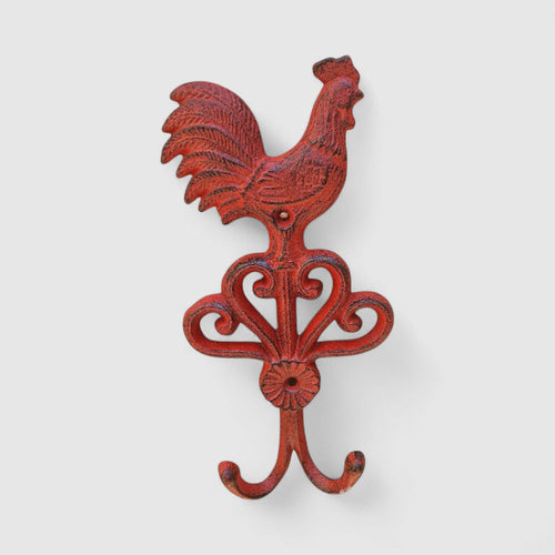 Cast Iron Rooster Wall Hook – Red Farmhouse Kitchen Hook for Towels, Keys & Décor, 9.6"