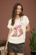 Western Boot & Bow Short Sleeve Knit Sweater