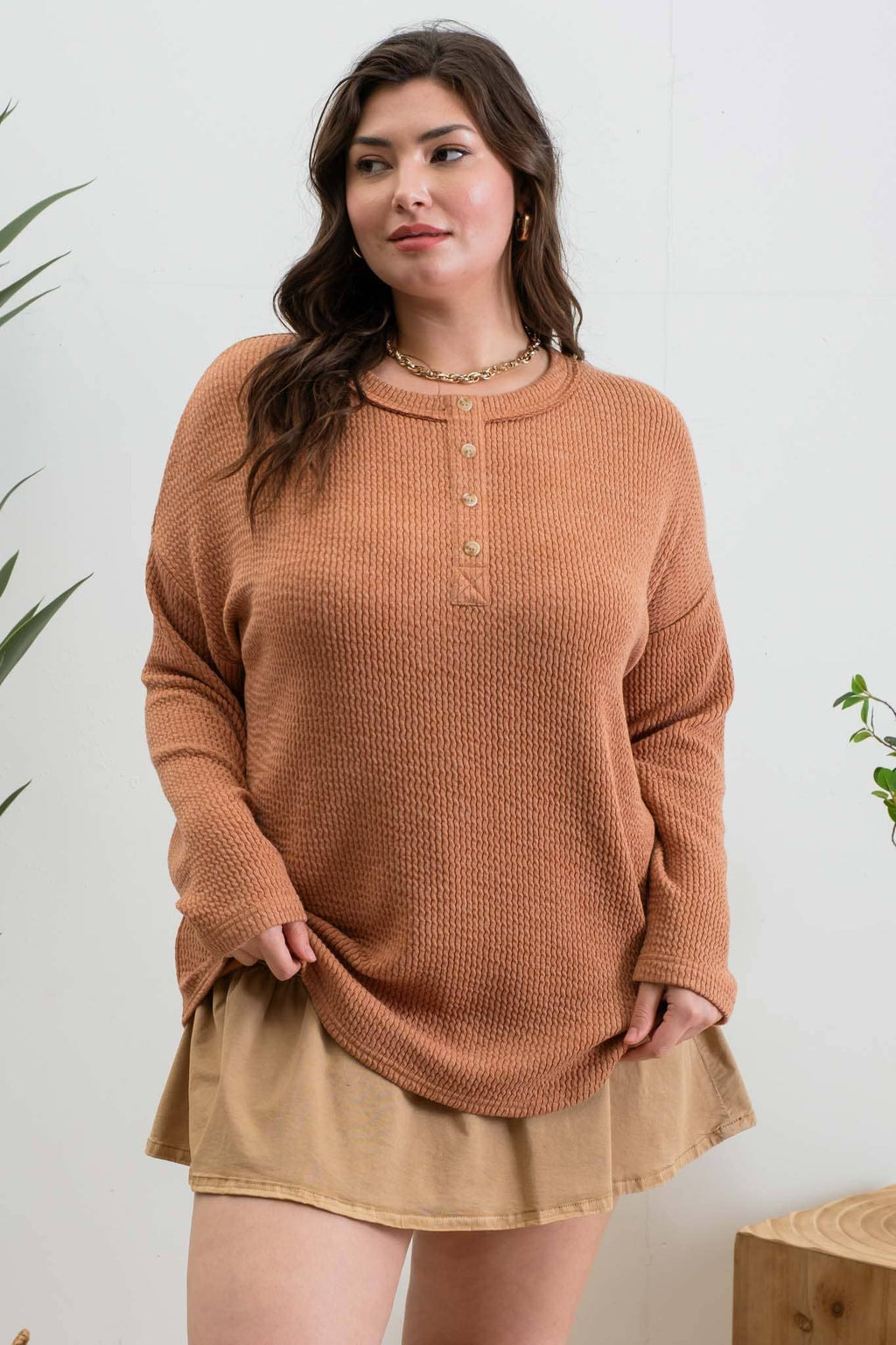 Plus Size Terracotta Waffle Knit Henley Top