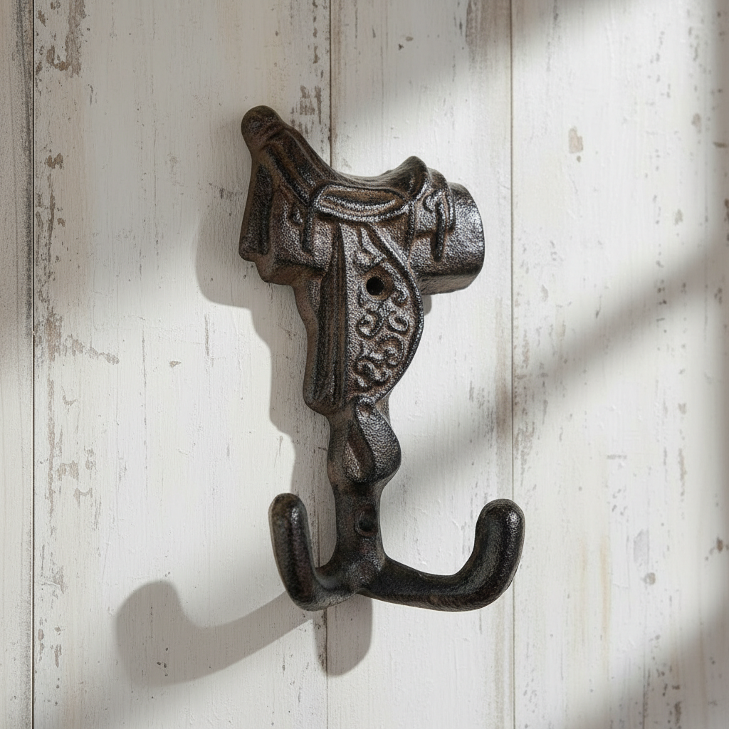 Cast Iron Horse Saddle Wall Hook – Rustic Western Ranch Coat & Hat Hook, 5.3"