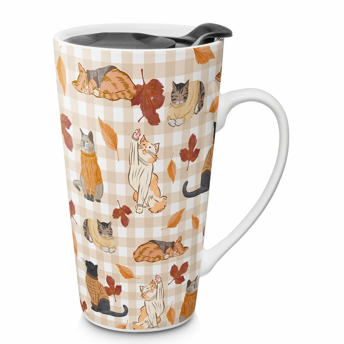 Cozy Autumn Cats Ceramic Travel Mug with Lid – 18.5 oz