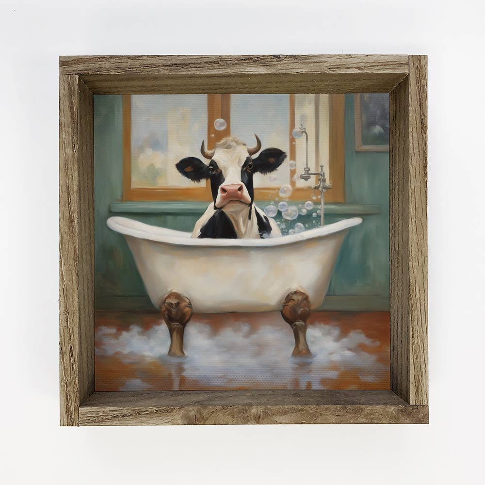 Cow in Bathtub Framed Canvas Wall Art – 6x6 Mini Farmhouse Animal Decor
