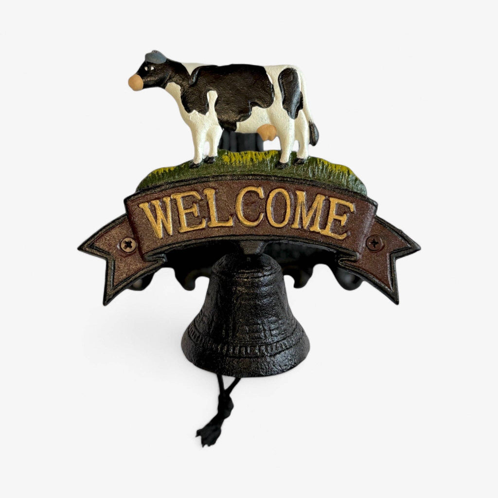 Cast Iron Cow Welcome Bell Sign – Farmhouse Door Bell & Rustic Wall Décor, 7.3"
