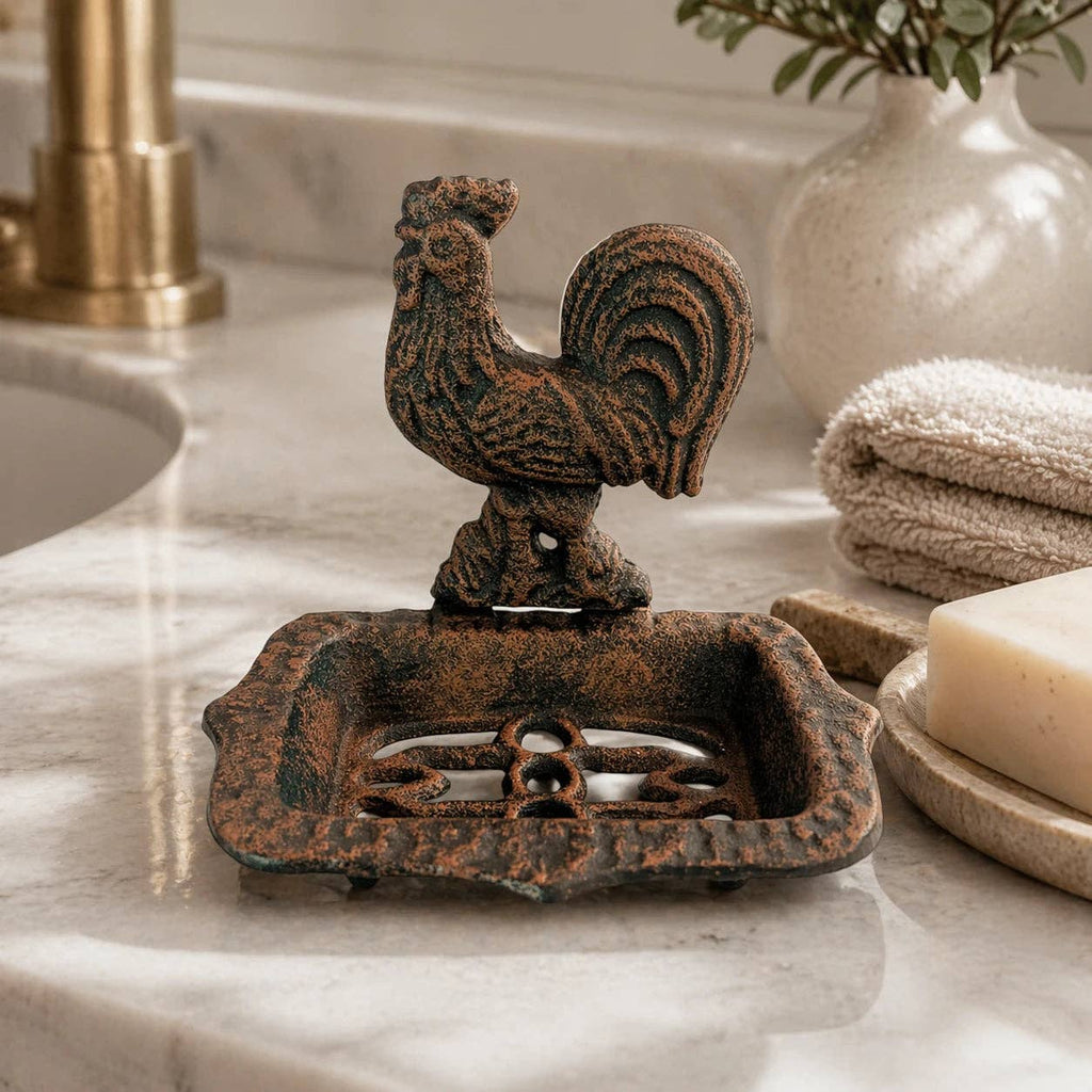 Cast Iron Rooster Soap Dish – Farmhouse Bathroom & Kitchen Counter Accent, 5.8"