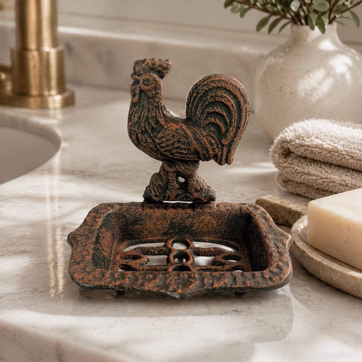 Cast Iron Rooster Soap Dish – Farmhouse Bathroom & Kitchen Counter Accent, 5.8"