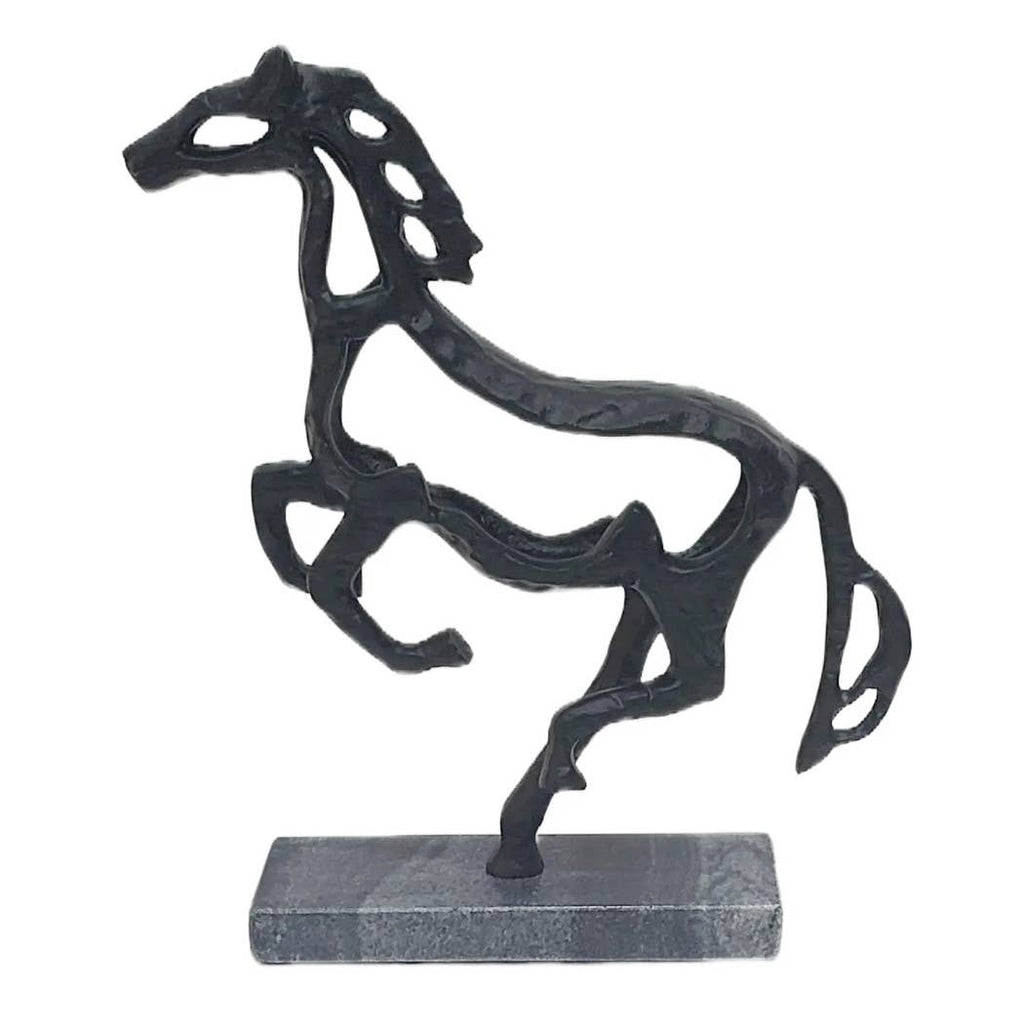 Black Galloping Horse Sculpture on Stone Base – 14"