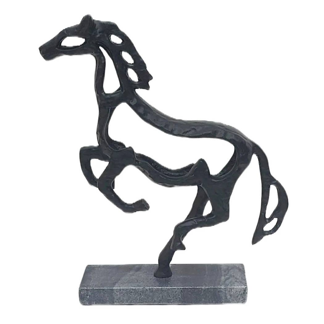 Black Galloping Horse Sculpture on Stone Base – 14"