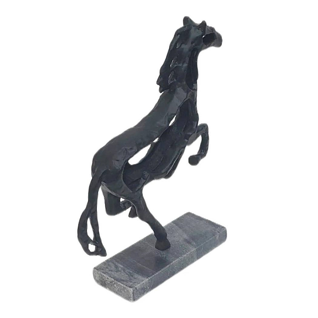 Black Galloping Horse Sculpture on Stone Base – 14"