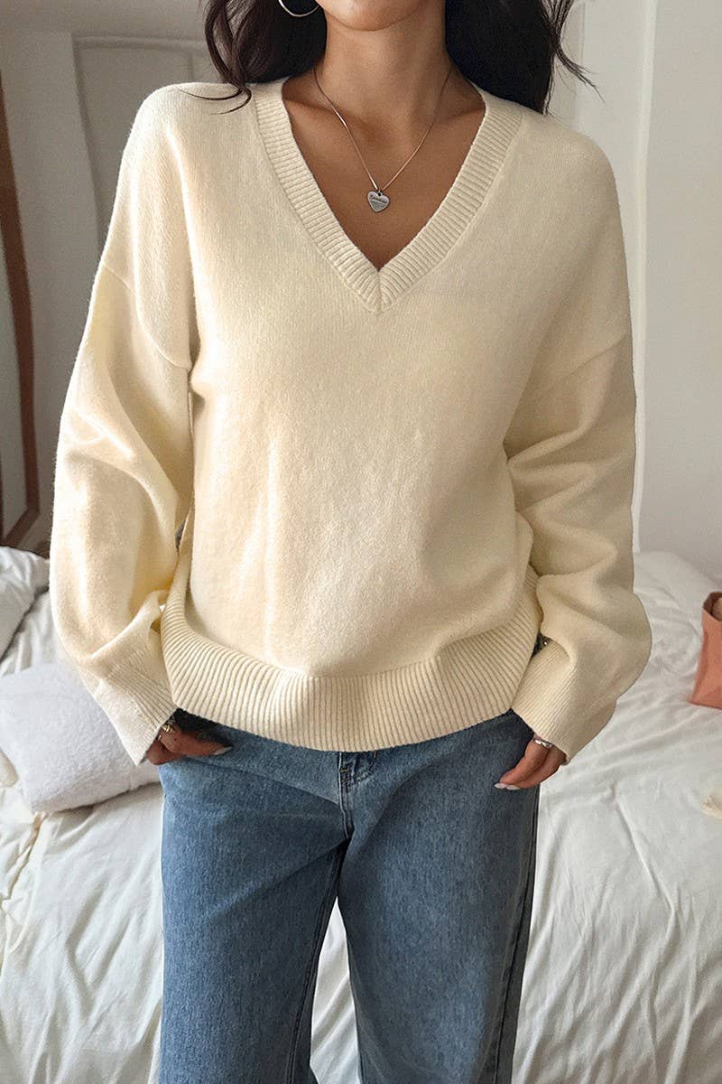 Women’s V-Neck Knit Sweater – Beige