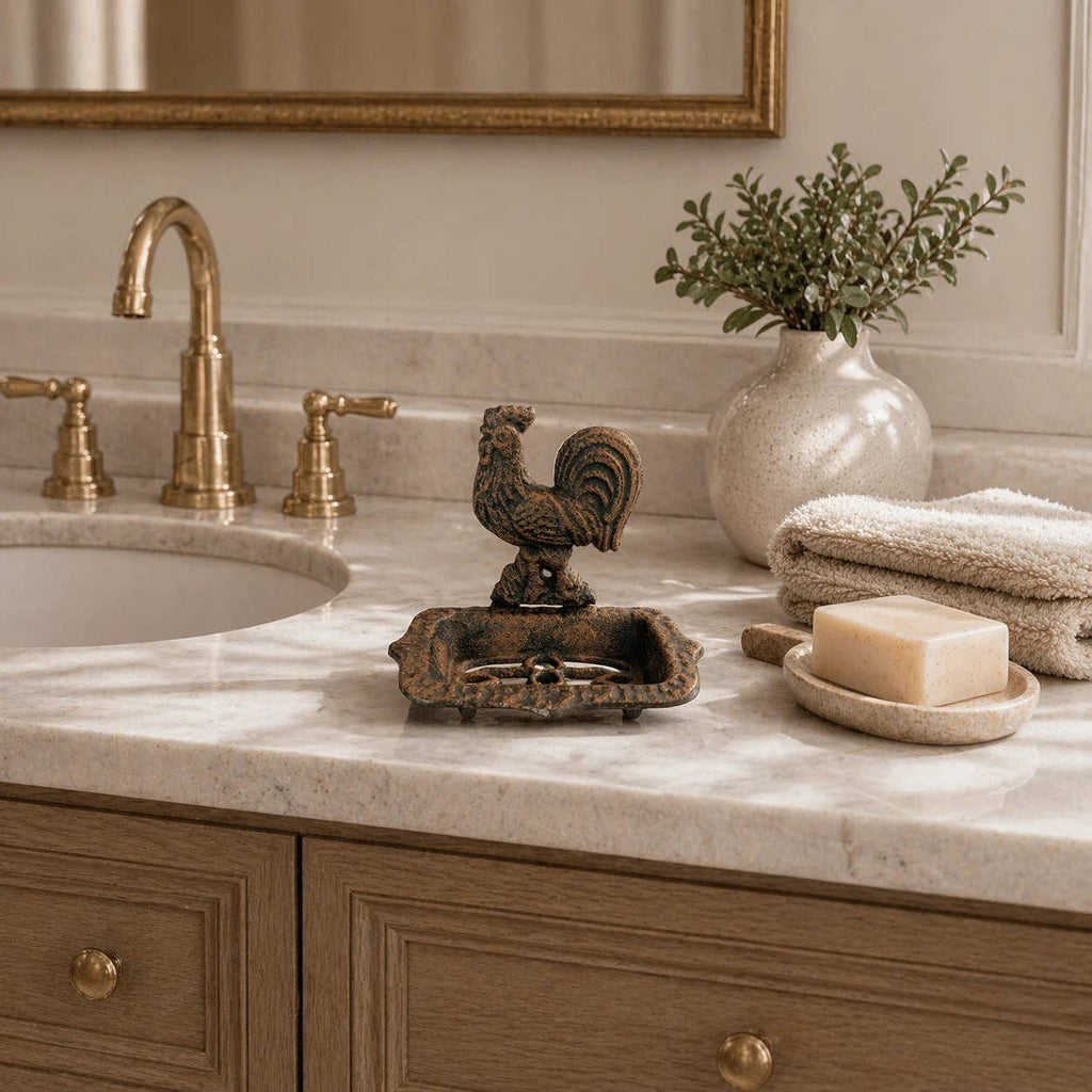 Cast Iron Rooster Soap Dish – Farmhouse Bathroom & Kitchen Counter Accent, 5.8"