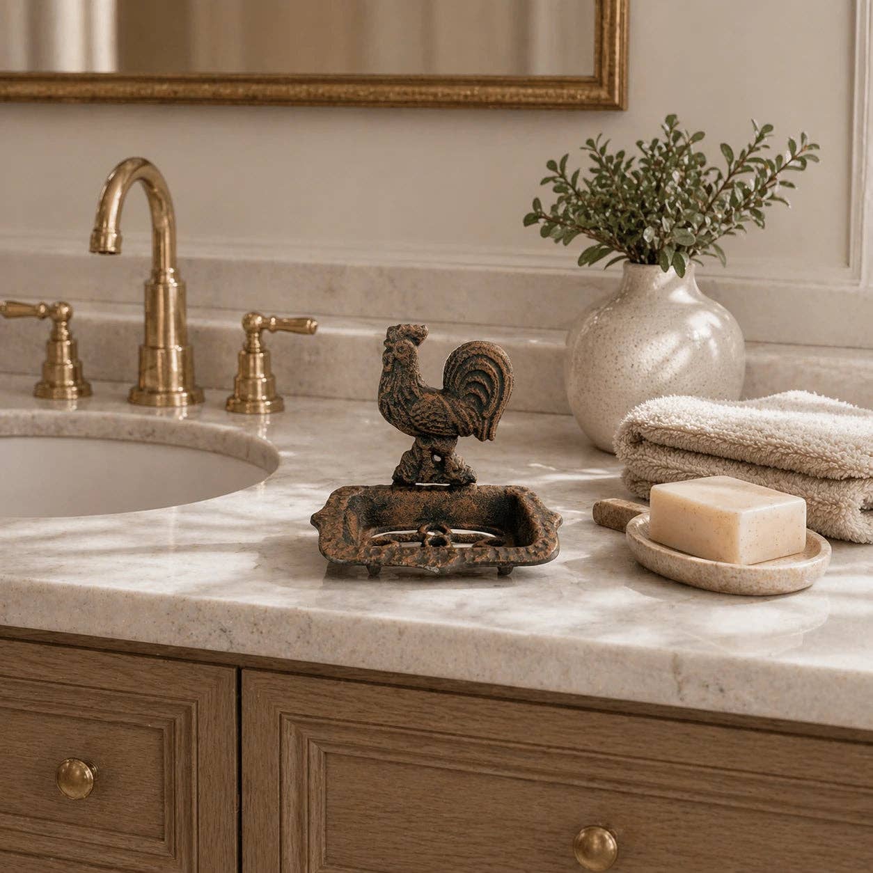 Cast Iron Rooster Soap Dish – Farmhouse Bathroom & Kitchen Counter Accent, 5.8"