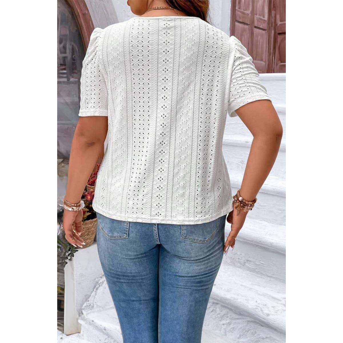 Plus Size Puff Sleeve Textured Top – White