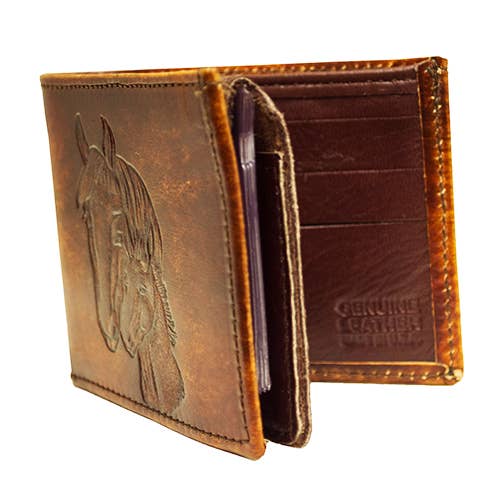 USA-Made Antiqued Leather Bifold Wallet with Horse Heads