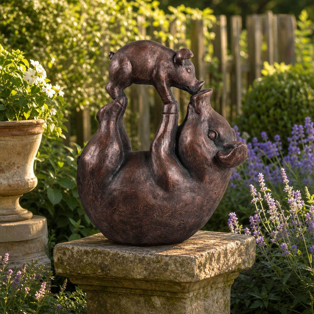Bronze Mom & Baby Pig Garden Statue – 16"