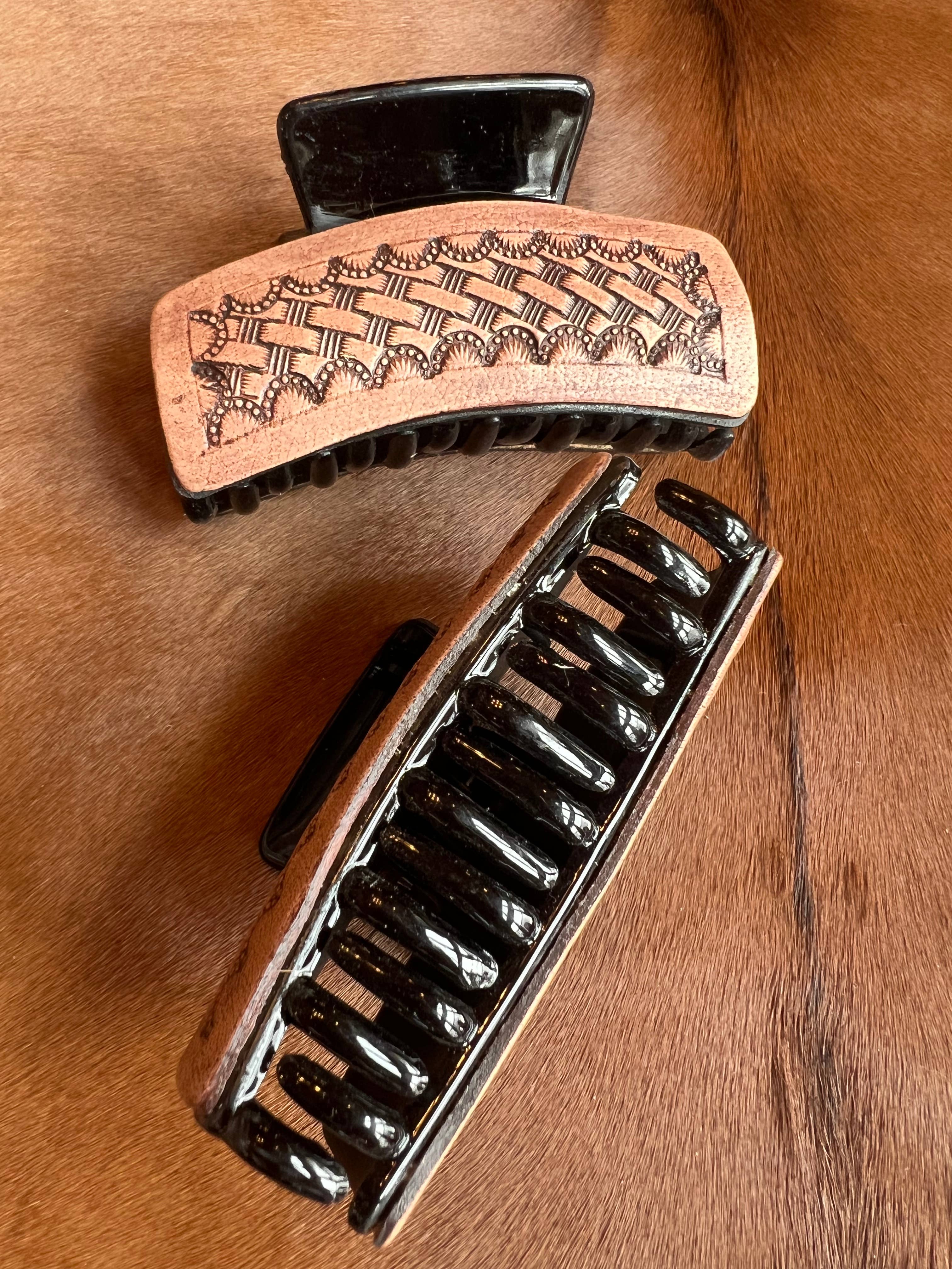 Basket Stamped Tooled Leather Claw Hair Clip