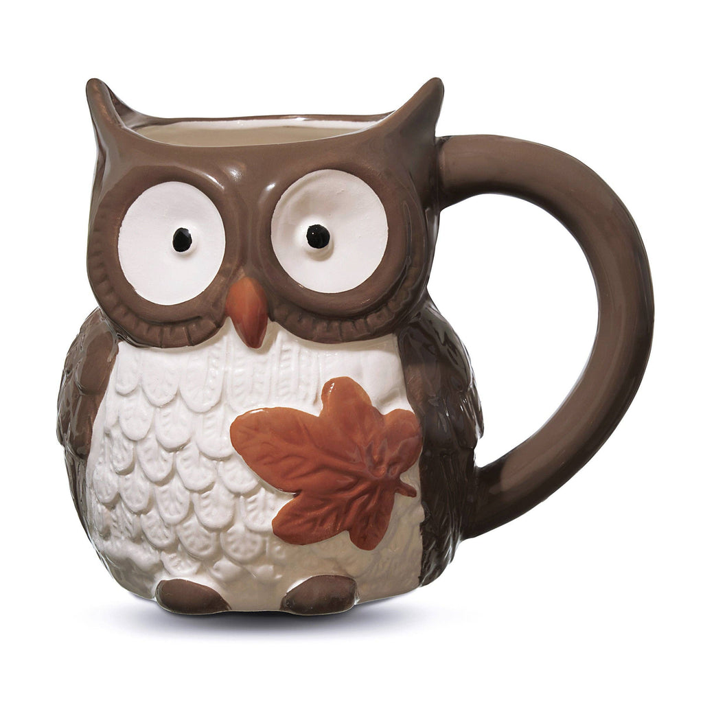 Woodland Owl Ceramic Coffee Mugs – Autumn Leaf Design, Set of 2