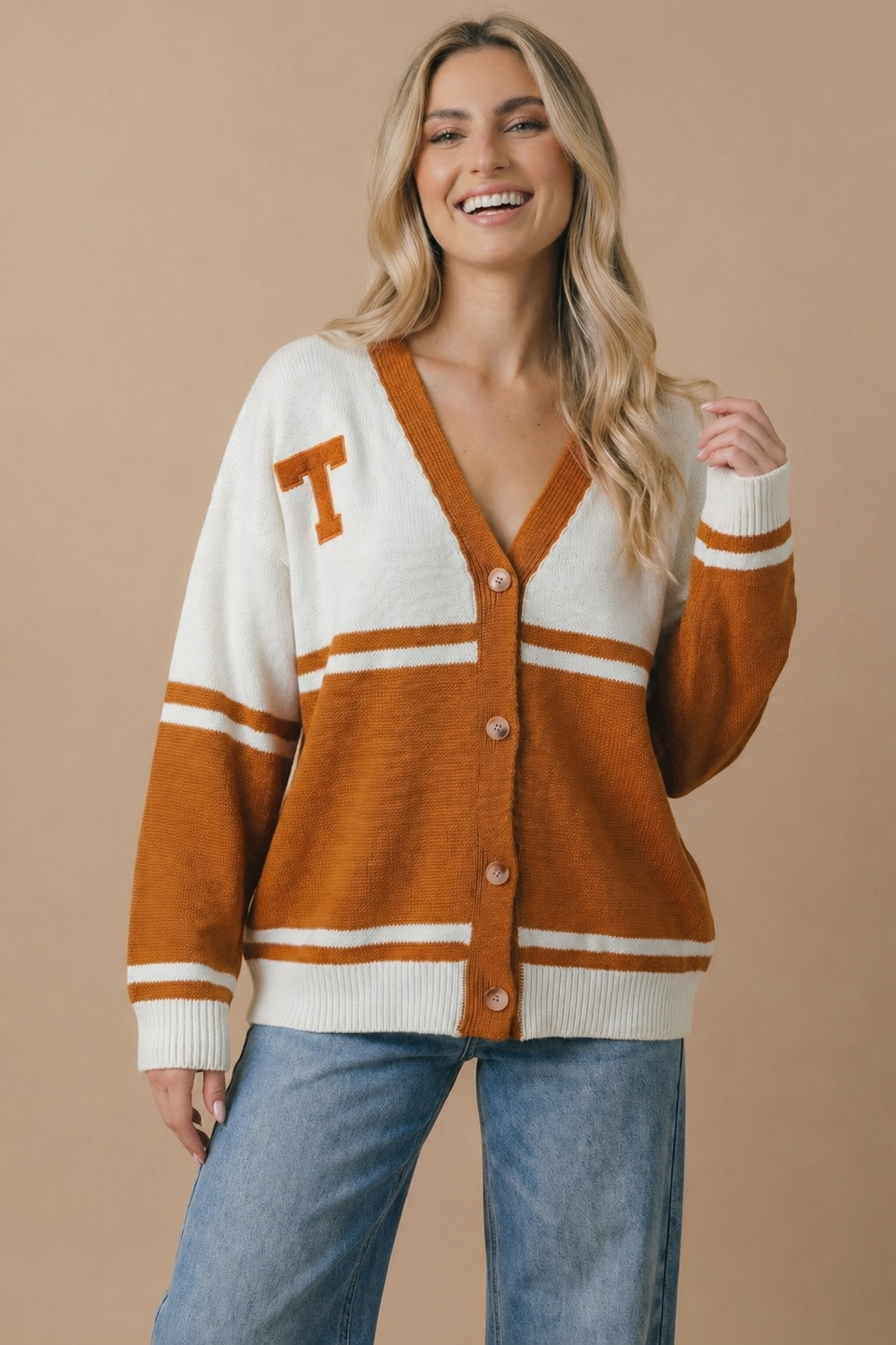 Varsity Colorblock Button-Down Knit Cardigan