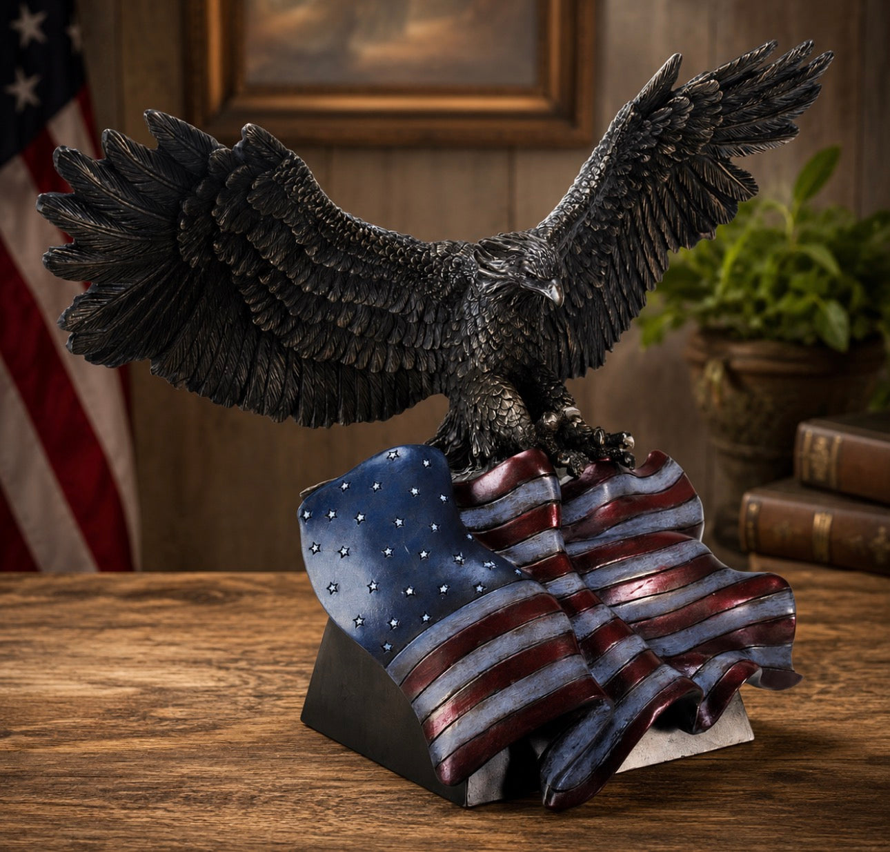 Bronze Eagle with American Flag Statue