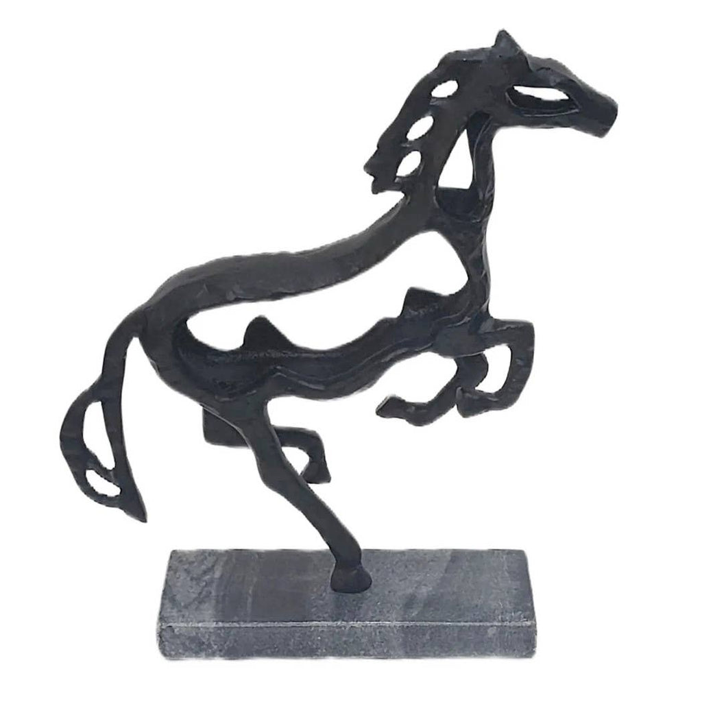 Black Galloping Horse Sculpture on Stone Base – 14"