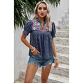 Navy Boho Embroidered Puff Sleeve Top