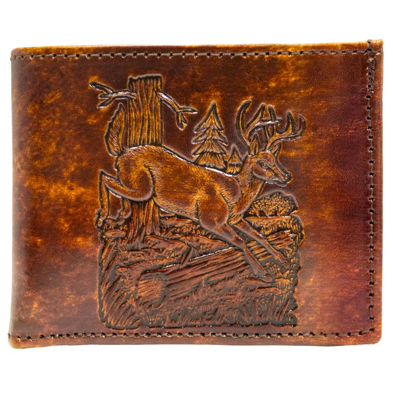 USA-Made Antiqued Leather Bifold Wallet with Running Deer