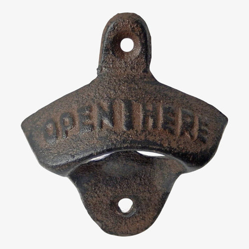 Cast Iron "Open Here" Wall Bottle Opener – Rustic Farmhouse Bar & Kitchen Décor, 3.1"