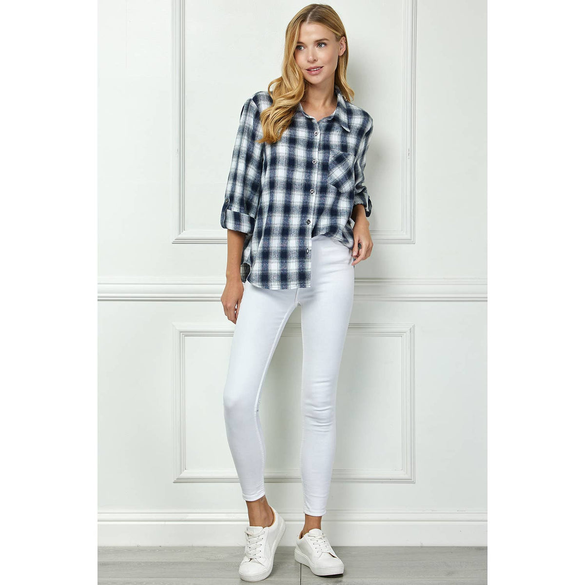 Navy Plaid Roll-Sleeve Flannel Shirt