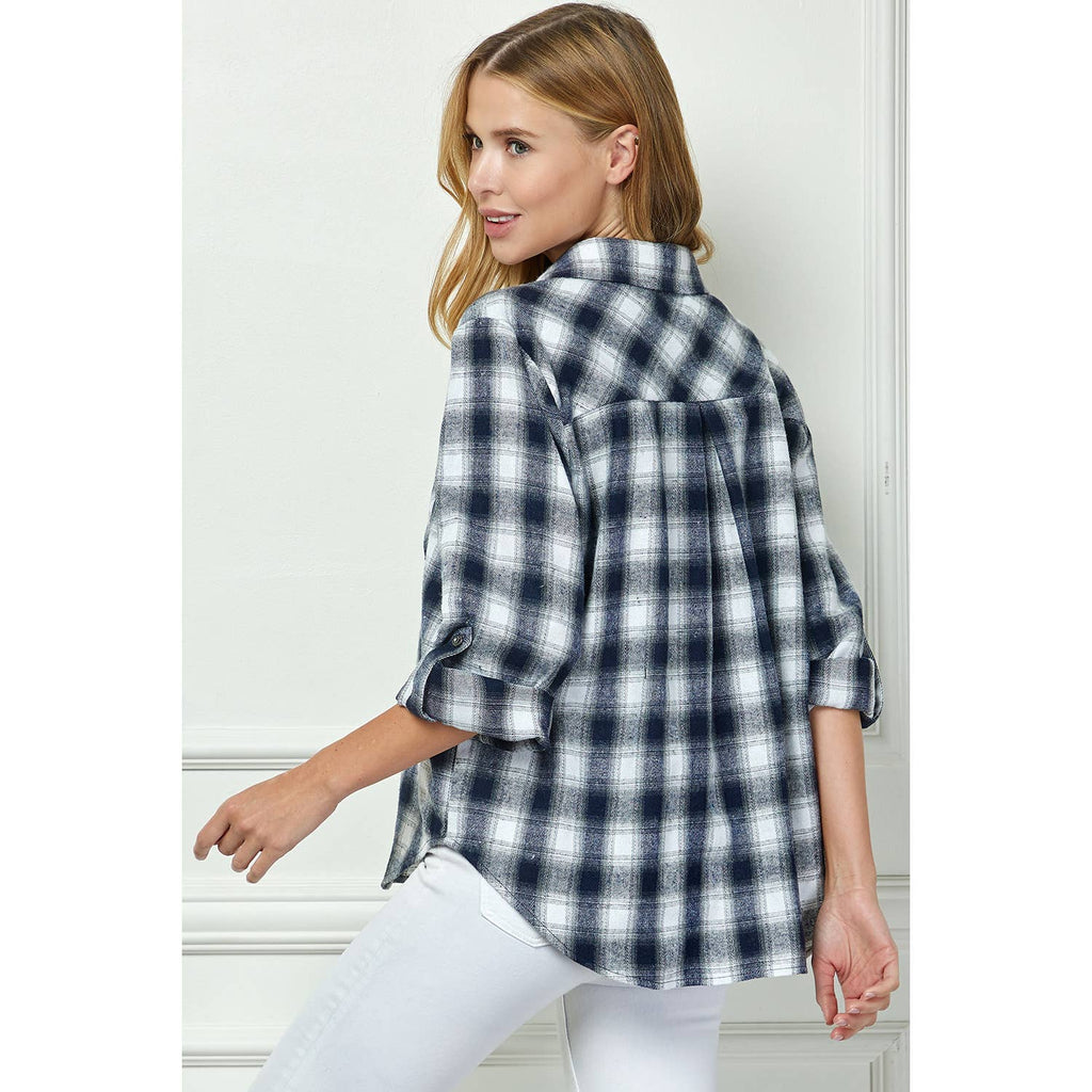 Navy Plaid Roll-Sleeve Flannel Shirt