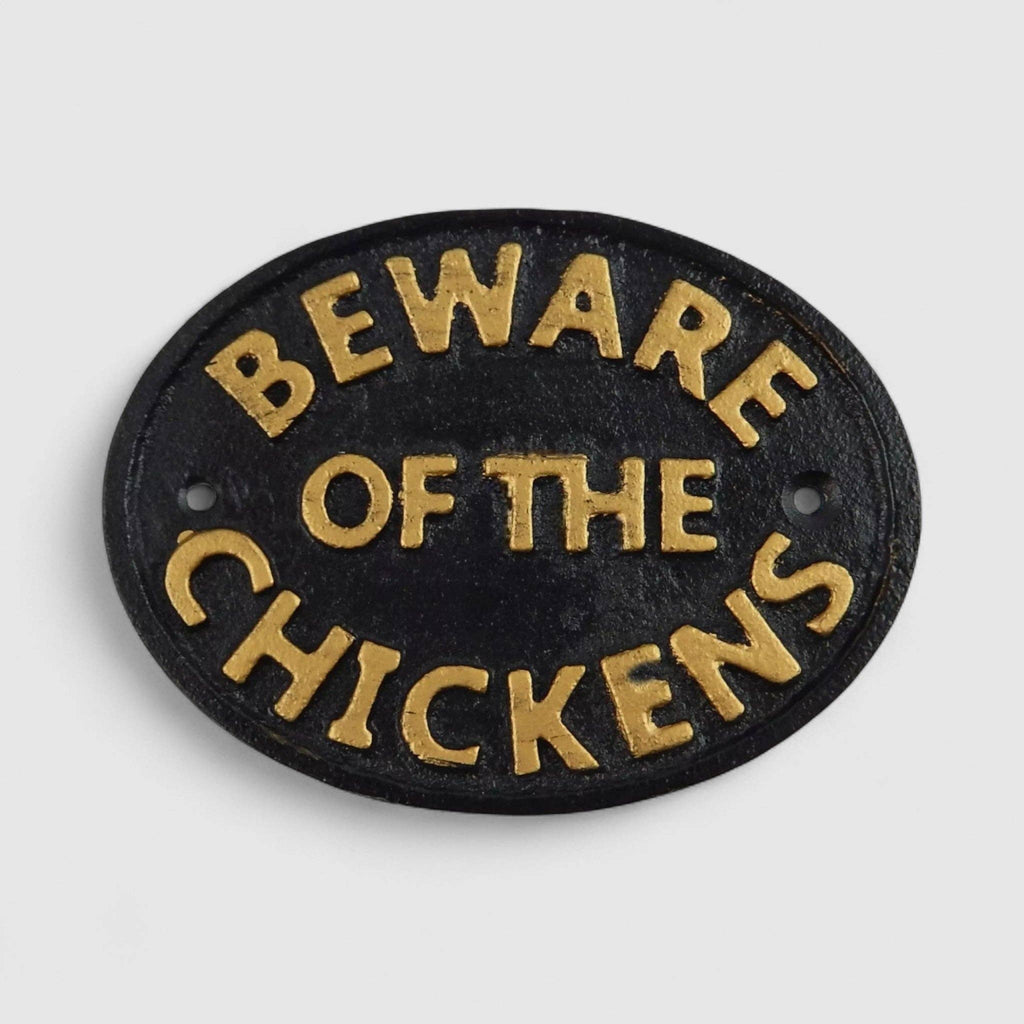 Beware of the Chickens Cast Iron Wall Plaque – Farmhouse Coop Sign, 4.7"