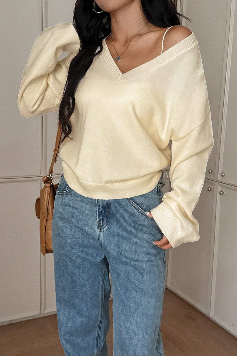 Women’s V-Neck Knit Sweater – Beige