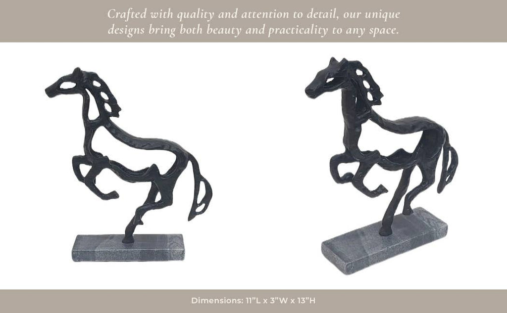 Black Galloping Horse Sculpture on Stone Base – 14"
