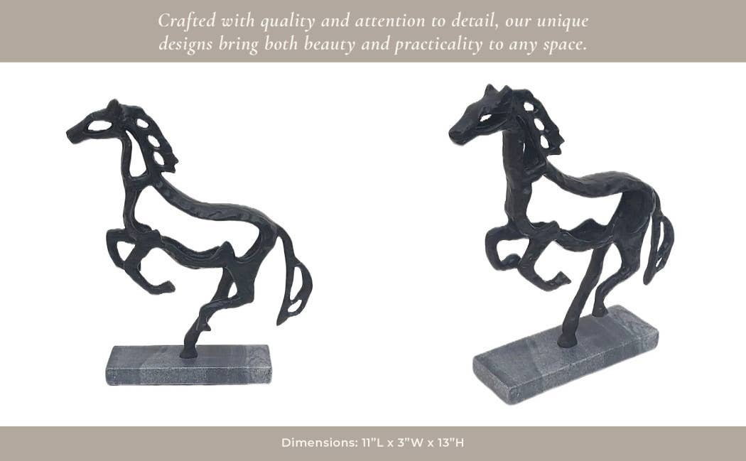 Black Galloping Horse Sculpture on Stone Base – 14"