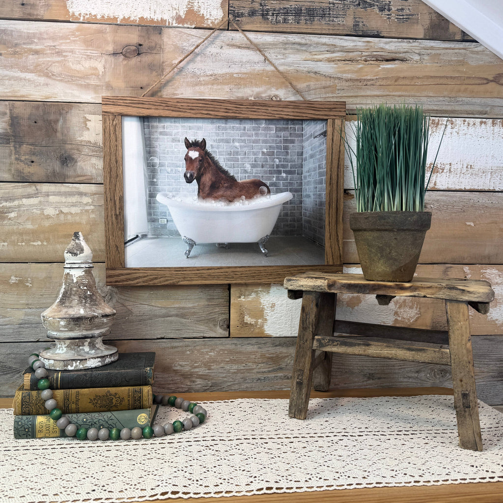 Horse in Bathtub Funny Bathroom Wood Sign Framed